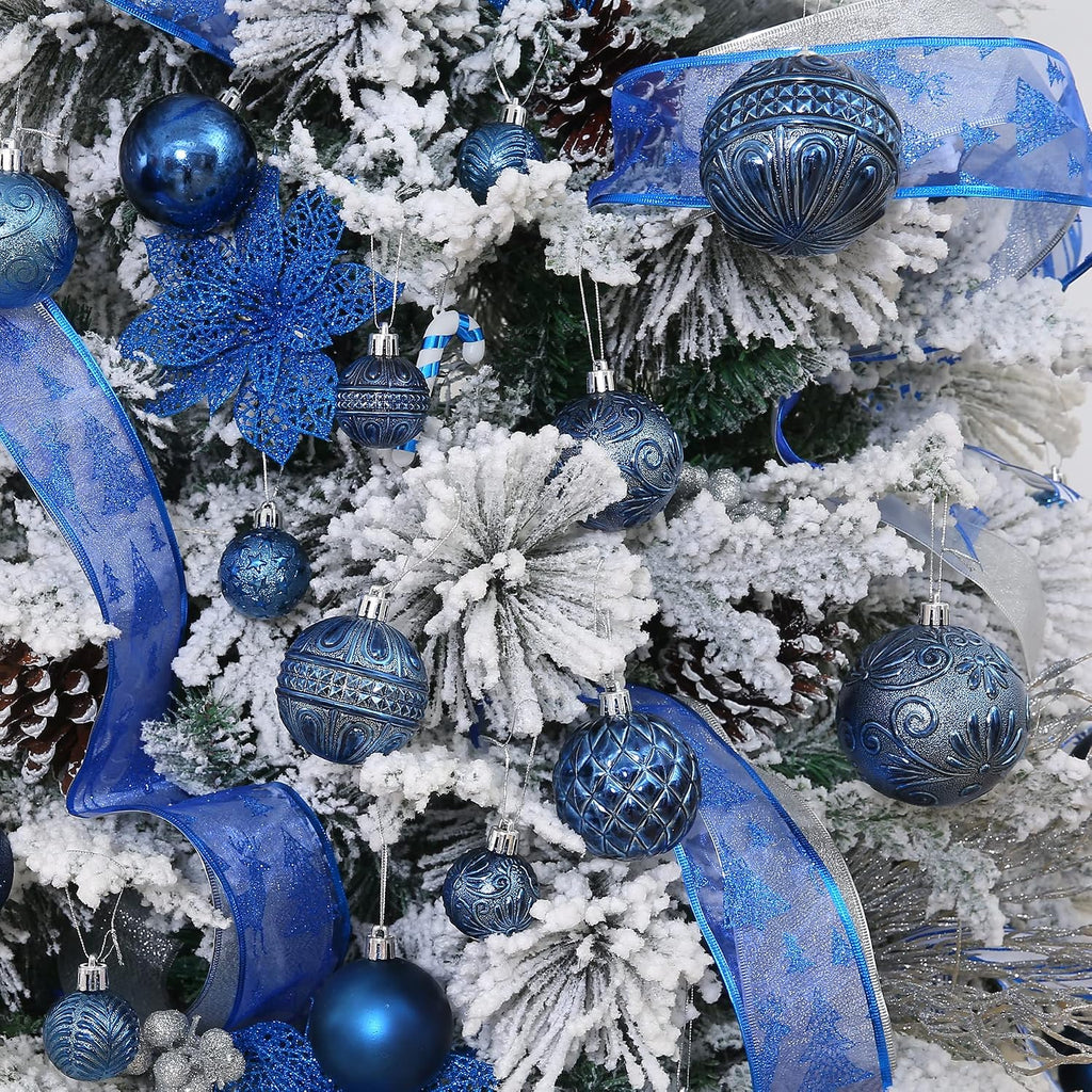 Christmas Ball Ornaments Navy Blue Christmas Tree Decorations with Hang Rope-36pcs Shatterproof Christmas Ornaments Set with 6 Styles in 3 Sizes(Small Medium Large)