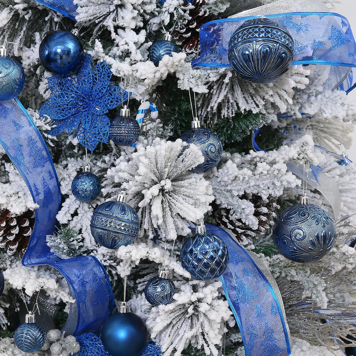 Christmas Ball Ornaments Navy Blue Christmas Tree Decorations with Hang Rope-36pcs Shatterproof Christmas Ornaments Set with 6 Styles in 3 Sizes(Small Medium Large)