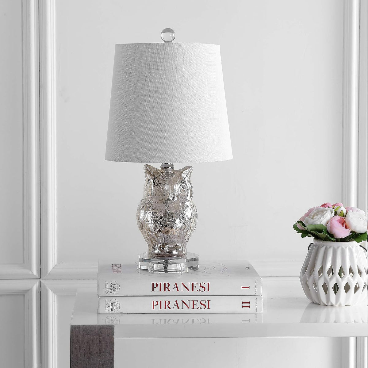 JONATHAN Y Night Owl 19" Glass Table Lamp Crystal Base, Silver/Ivory
