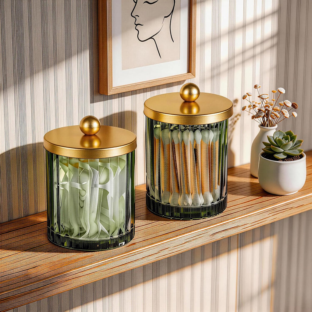 Amolliar Green Glass Qtip Holder Dispenser, Bathroom Canister, Gold 2 Pack