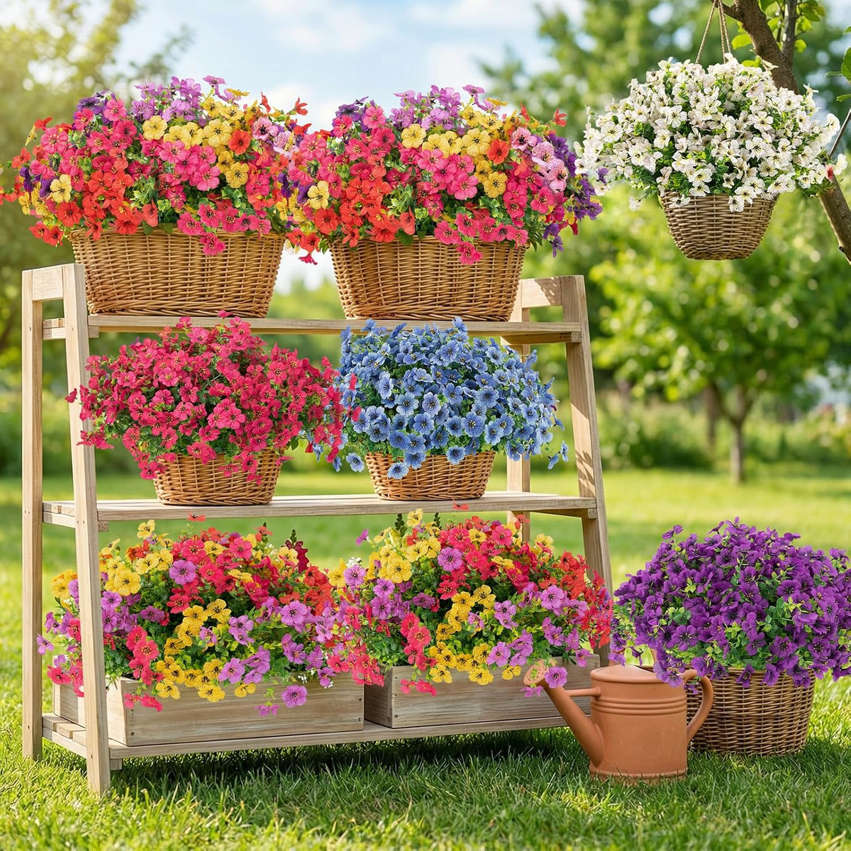 12 Bundles Artificial Flowers for Outdoors, Fake Silk Plastic Flowers for Outside, UV Resistant Faux Plants for Outside Garden Porch Window Home Planters Decoration (White)