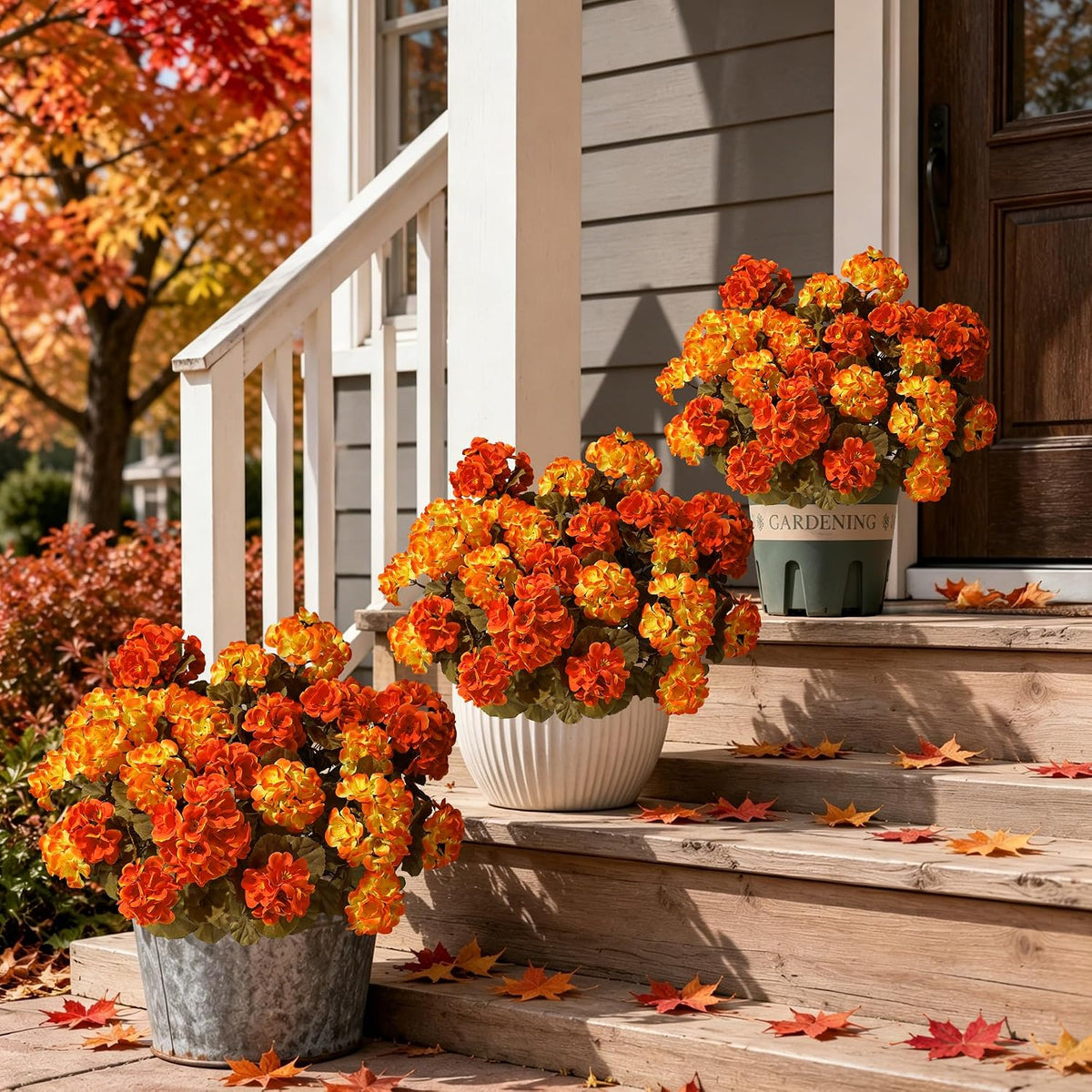 Geraniums Fall Flowers Artificial Flowers for Outdoors Autumn Decor, 2 Pack Potted Plants Faux Geraniums Bush Realistic UV Resistant Fake Flowers Greenery for Front Door Porch Patio Yard Indoor, Mix