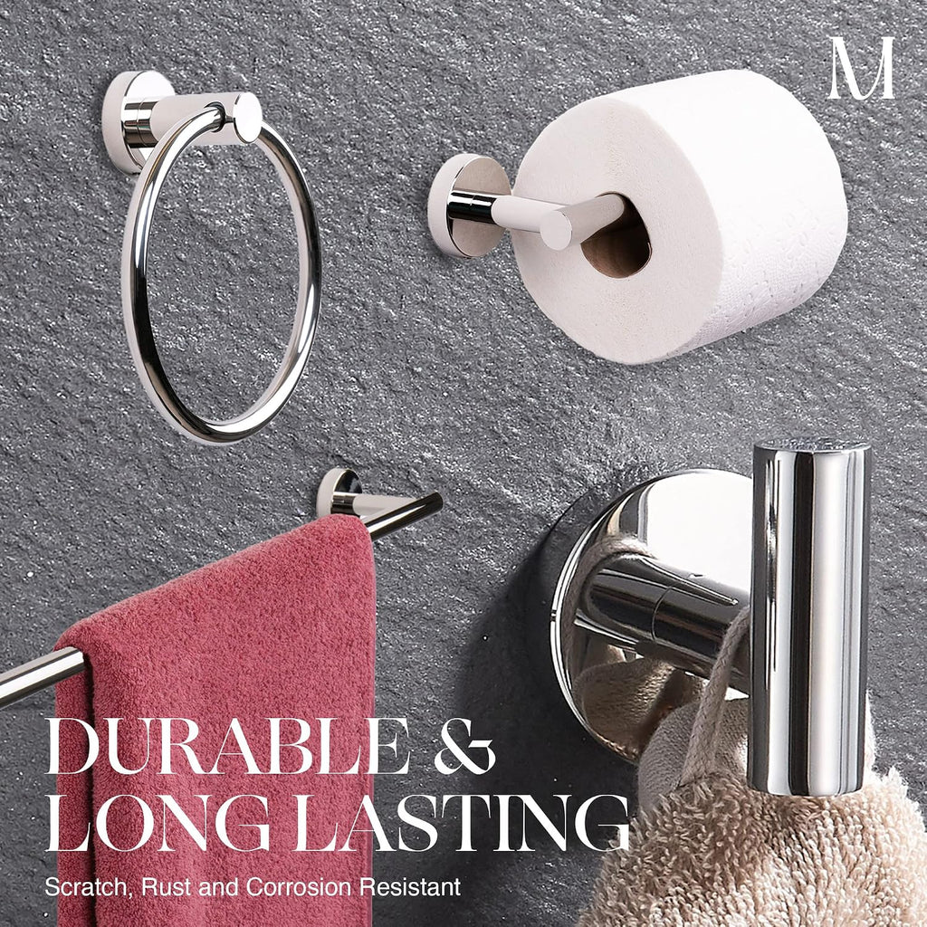 MARMOLUX ACC Bathroom Hardware Set Towel Racks 4 Pieces Hand Towel Ring Holder-Toilet Paper Holder-Towel Hook-Towel Bar Heavy Duty Wall Mount Bathroom Accessories SUS 304 Stainless Steel Mirror Finish