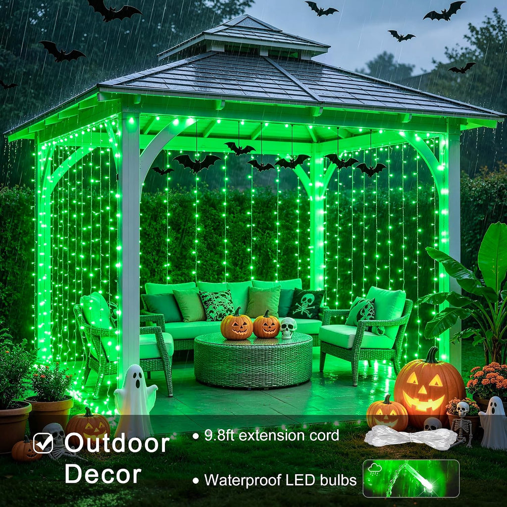 JMEXSUSS 300 LED Green Curtain Lights for Halloween Decor, 9.8x9.8ft