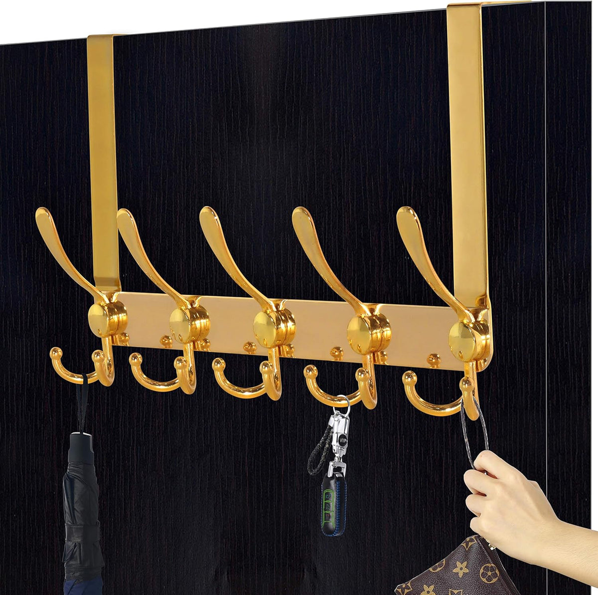 Dseap Over The Door Hook Hanger - Fits 1 3/8" to 1 3/4" Standard Doors | 5 Tri Hooks Heavy Duty Towel/Coat Rack | Door Organizer for Clothes, Jackets, Hats, Towels, Gold