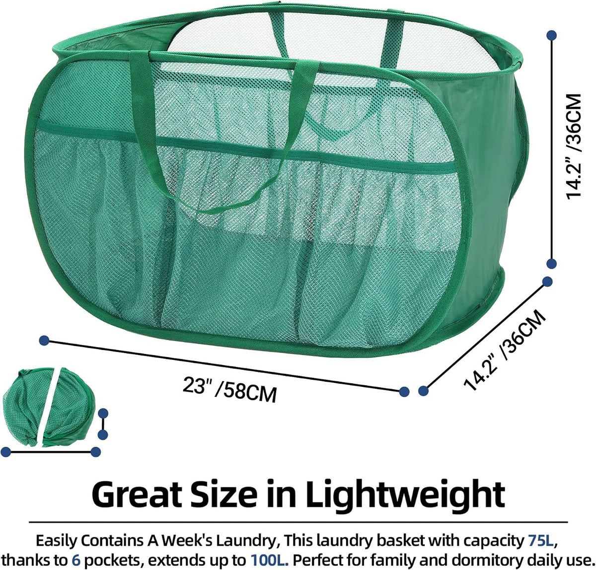2 Pack Collapsible Laundry Baskets, Upgrade Pop Up Laundry Hamper with Convenient Bags, Foldable Laundry Basket Mesh Light Weight, Easy to Carry Clothes Hampers for Laundry, Dorm, Toys, Travel Green