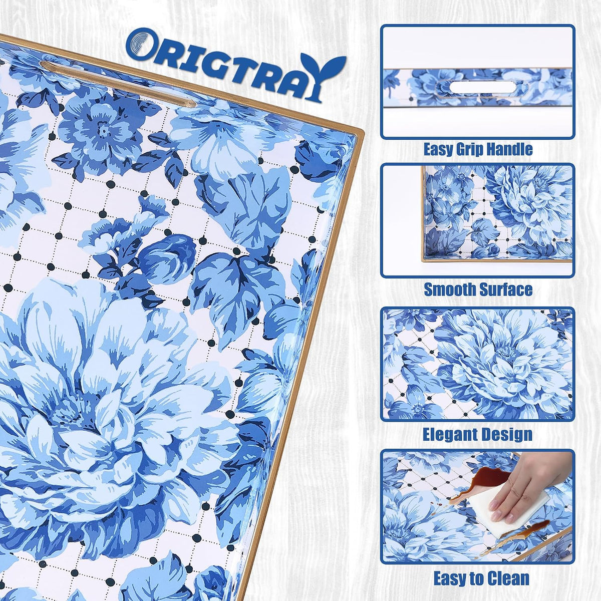 Serving Tray with Handles, Rectangular Plastic Tray 15.75x11.81 Inch, Decorative Tray for Kitchen, Dining Table, Vanity, Office & Home (Blue Peony, 15.8" x 11.8" x 1.6")