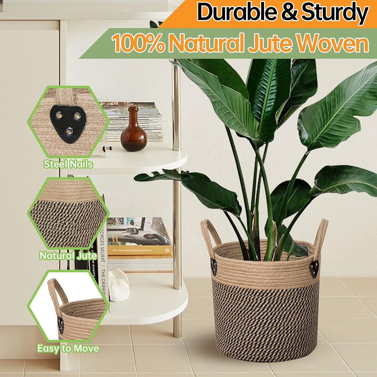 ZOES HOMEWARE Round Woven Basket with Handles,Natural Jute Rope 14"x12"