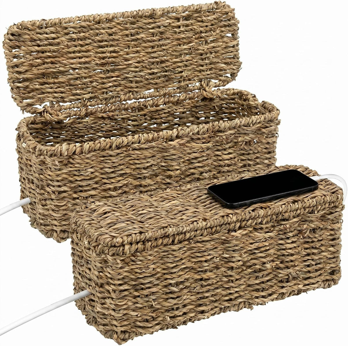 2 Pack Handwoven Cable Management Box with Lid, Decorative Cord Organizer for Power Strips, Chargers, TV Wires, Desk, Home & Office Storage, Natural Sea Grass