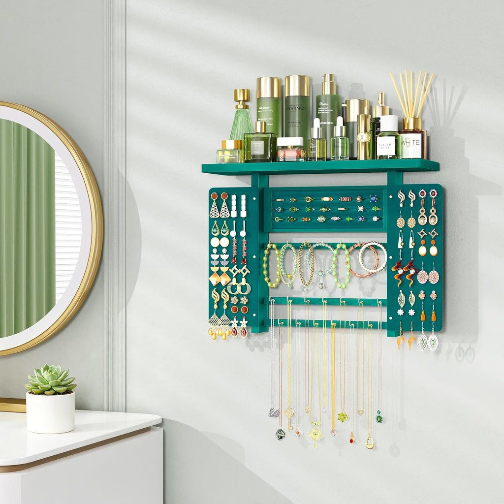 Emfogo Jewelry Organizer Hanging Wall Mounted Jewelry Holder, 5-in-1 Large Capacity Necklace Organizer Wall Hanging Jewelry Display for Ring, Necklaces, Bracelets, Earrings (Green)