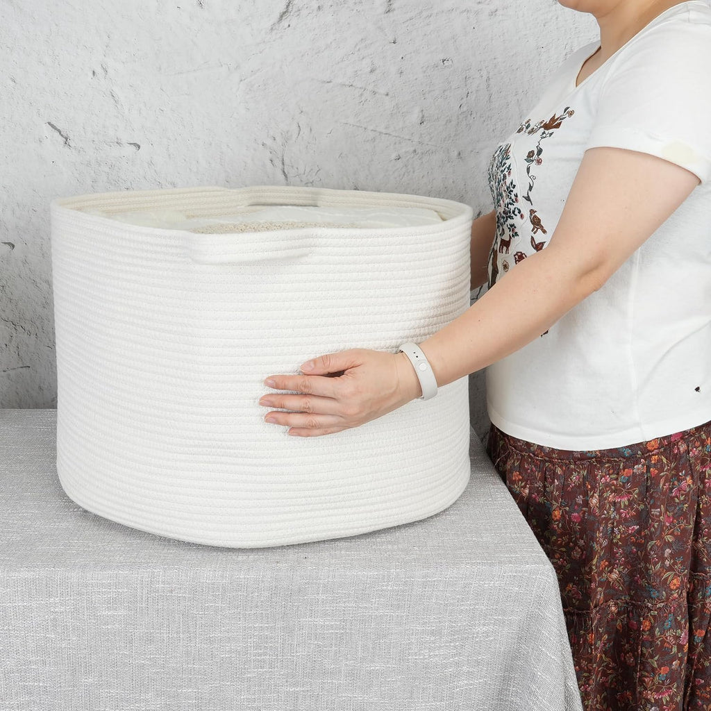 XUANGUO Extra Large Cotton Rope Round Storage Basket 22" x 14" White
