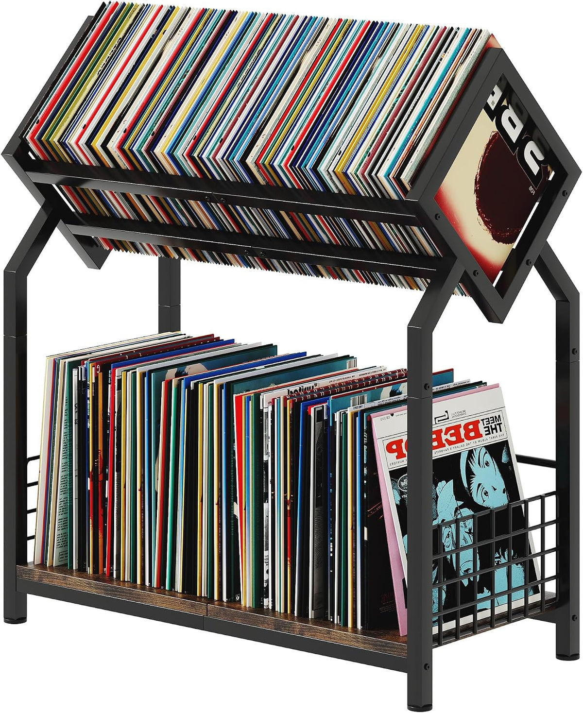 Homeiju 2-Tier Vinyl Record Storage Holder with Dividers, 24.4''W Vinyl Record Display, 300 LPs Vinyl Record Storage Rack, Suitable for Magazines, Books, Documents, Albums