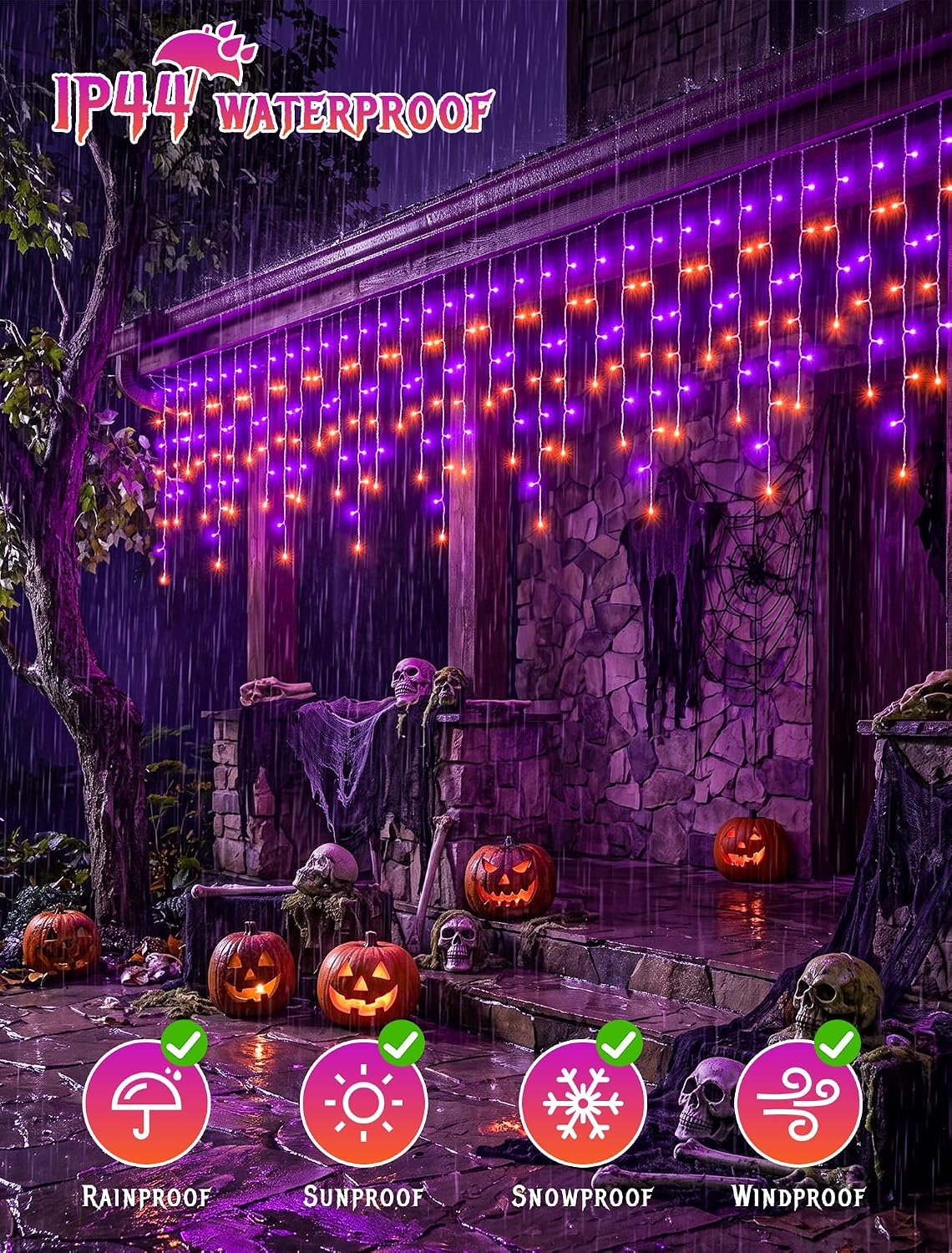 Halloween Icicle Lights Outdoor,300 LED Purple and Orange Lights