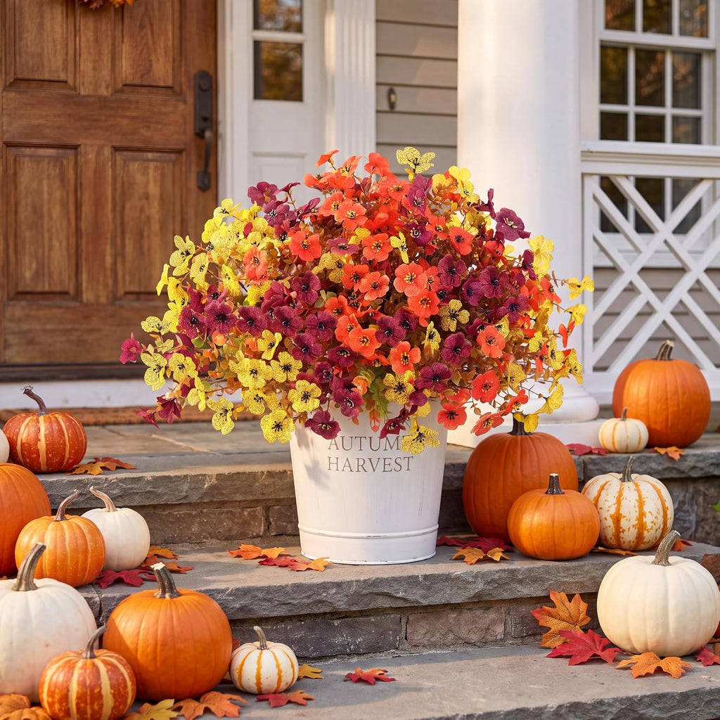 Sggvecsy Artificial Flowers for Outdoors 12 Bundles Realistic Faux Plants Fake Silk UV Resistant Flower for Boxwood Planter Patio Porch Outside Decoration(Orange Yellow Burgundy)