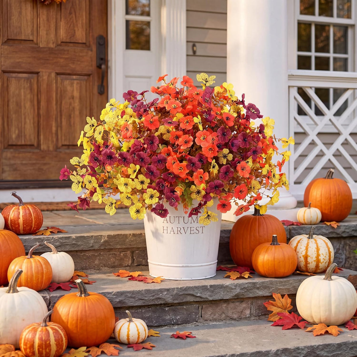 Sggvecsy Artificial Flowers for Outdoors 12 Bundles Realistic Faux Plants Fake Silk UV Resistant Flower for Boxwood Planter Patio Porch Outside Decoration(Orange Yellow Burgundy)
