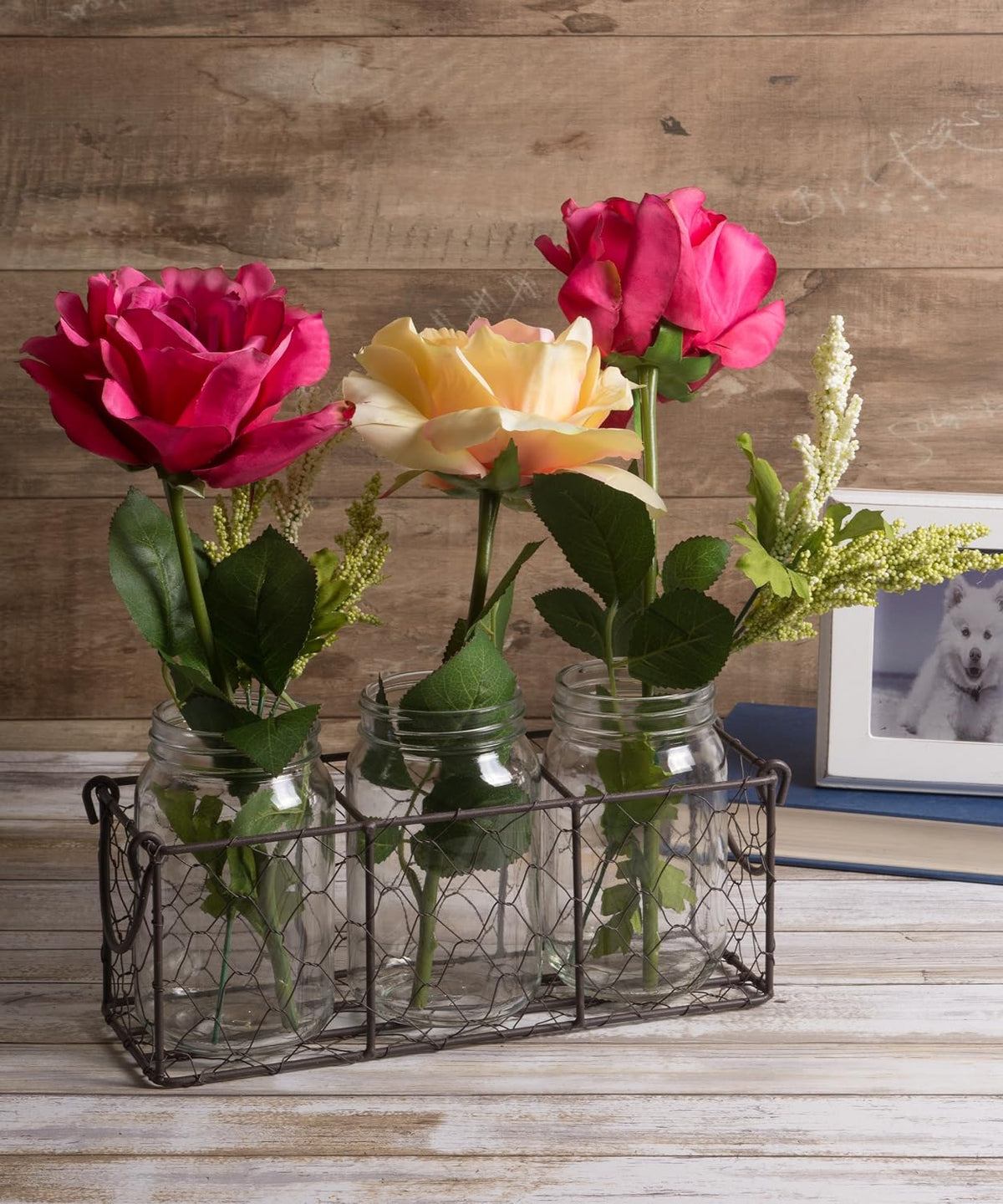 DII Farmhouse Utensil Caddy with 3 Glass Jars, Rustic Bronze Chicken Wire