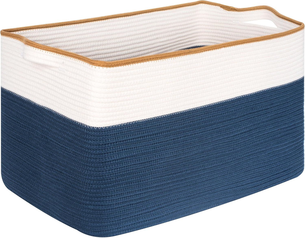 MINTWOOD Design 22in Extra Large Blanket Basket Holder Living Room, Rectangle Rope Woven Storage Basket with Handles for Laundry, Pool Towels, and Shoes, Dog Toy Organizer Bin Box, Prussian Blue