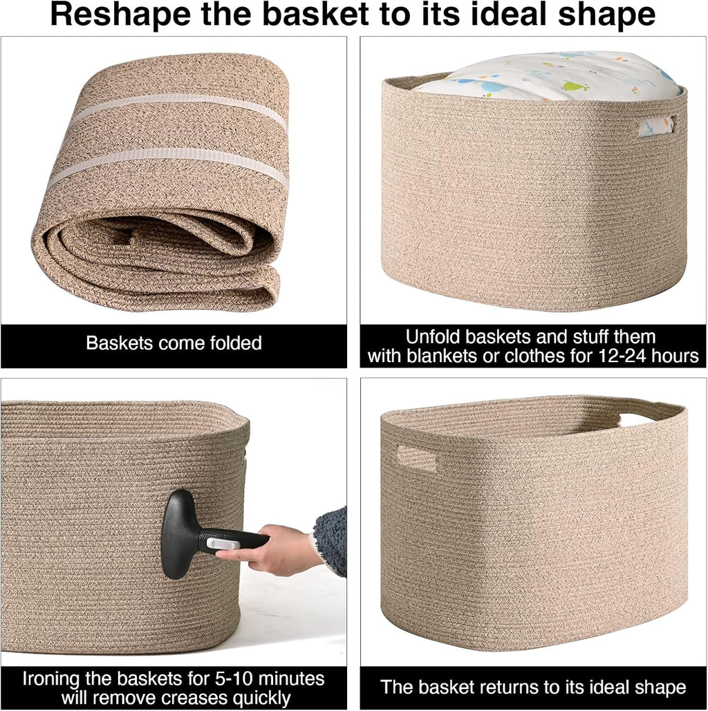 ICERZCZ Large Storage Basket for Organizing, Blanket Basket for Living Room, Large Toy Baskets for Storage, Woven Cotton Rope Baskets for Blankets, Clothes, Shoes, Brown, 25”x16”x16” (105L)