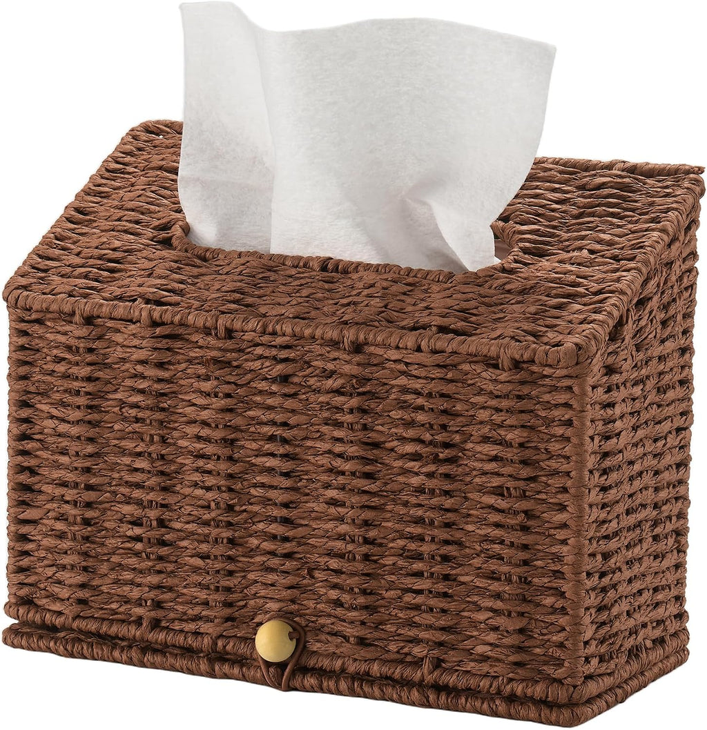 PINXIURY Hand Towel Box Cover,Paper Rope Wicker Tissue Holder for Kleenex Hand Towels,Hand Towel Holder,Slant-Top Paper Rope Tissue Box for Bathroom,Kitchen and Bedroom, Coffee