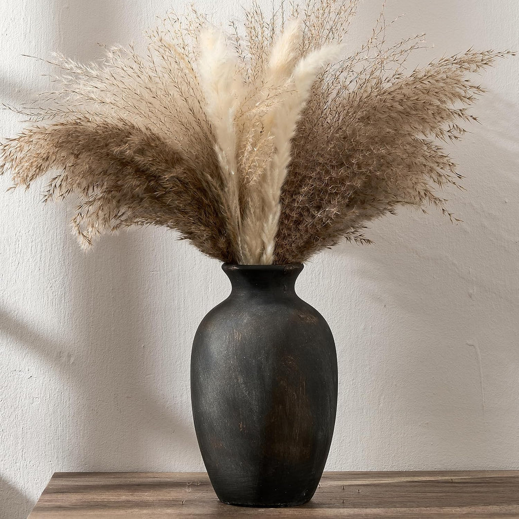 PORCER Ceramic Rustic Flower Vase, 8.38 Inch Vintage Pottery Home Decor, Farmhouse Terracotta Vase for Living Room, Table, Shelf, Mantel Decoration, Farmhouse - Black Bronze