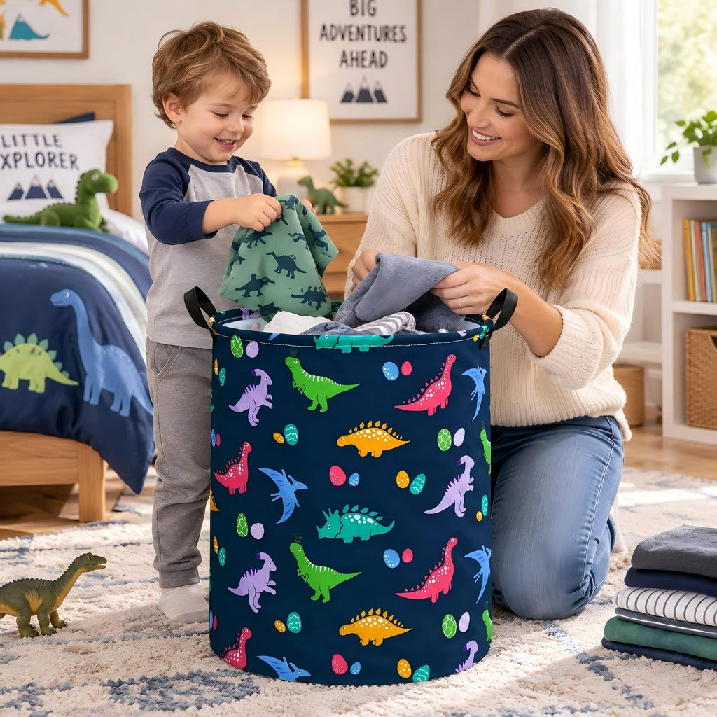 Dinosaur Laundry Basket, Round Foldable Clothes Hamper with Handles, Cotton Linen Blend Storage Bin with Dino Egg Print for Bedroom, Nursery, Playroom, College Dorm