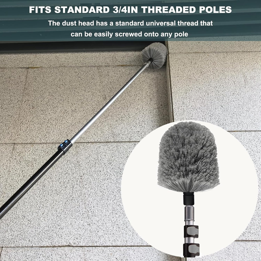 Grey Big Twist-On Cobweb Duster Head Brush, Fits Standard 3/4 inch Threaded Poles, Attachment Spider Web Duster Brush Great for Ceilings, Moldings, Floor Vents, and Corners