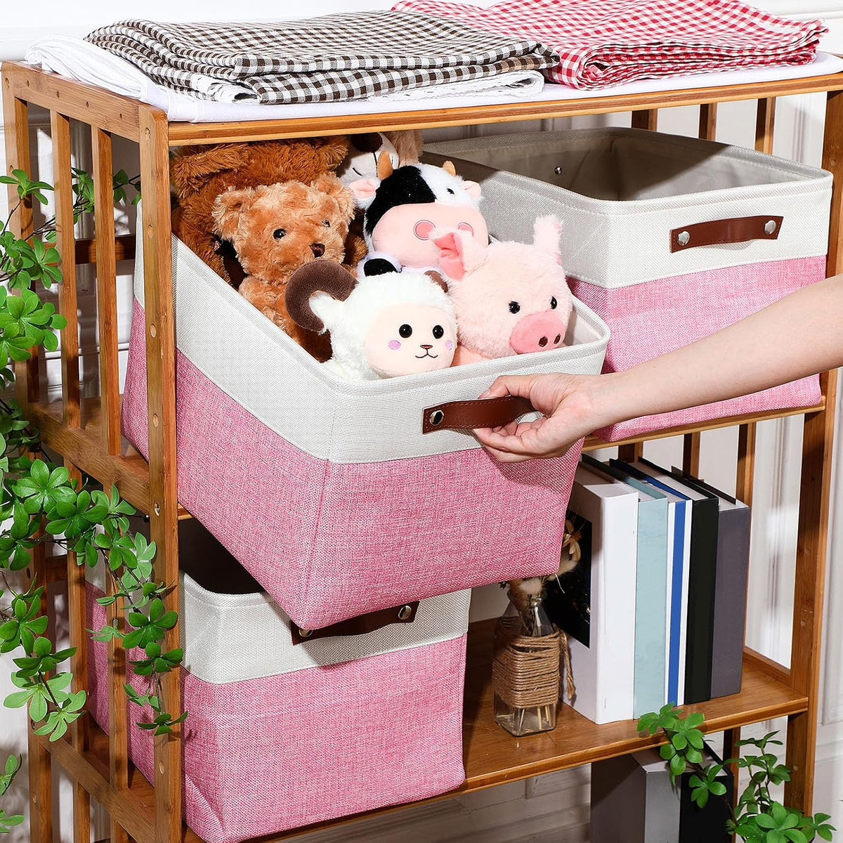 Uiifan 16 x 12 x 10 Inch 8 Pack Fabric Storage Baskets with Handles, Pink