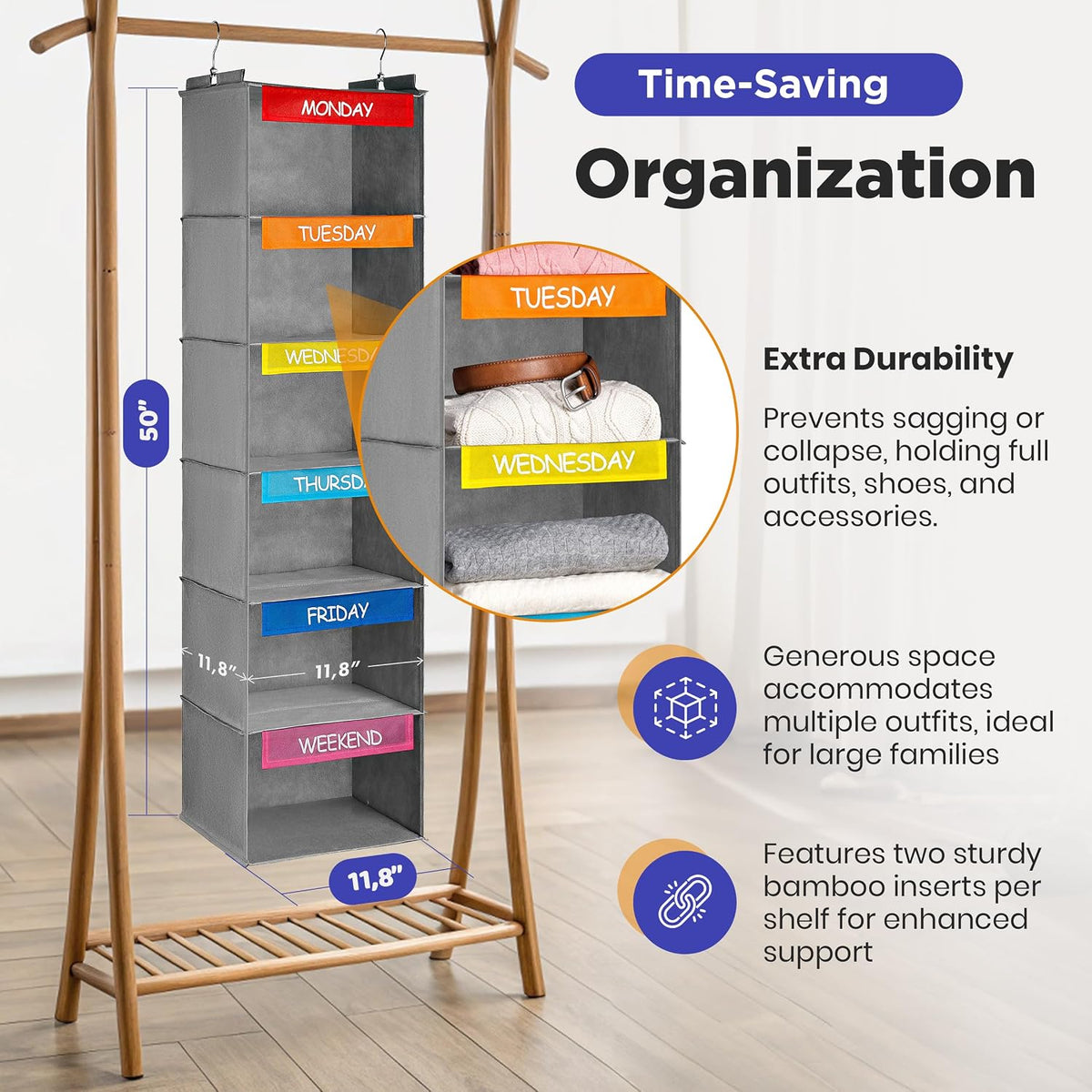Handy Laundry Kids Hanging Closet Organizer 6-Shelf with Day-of-Week Labels