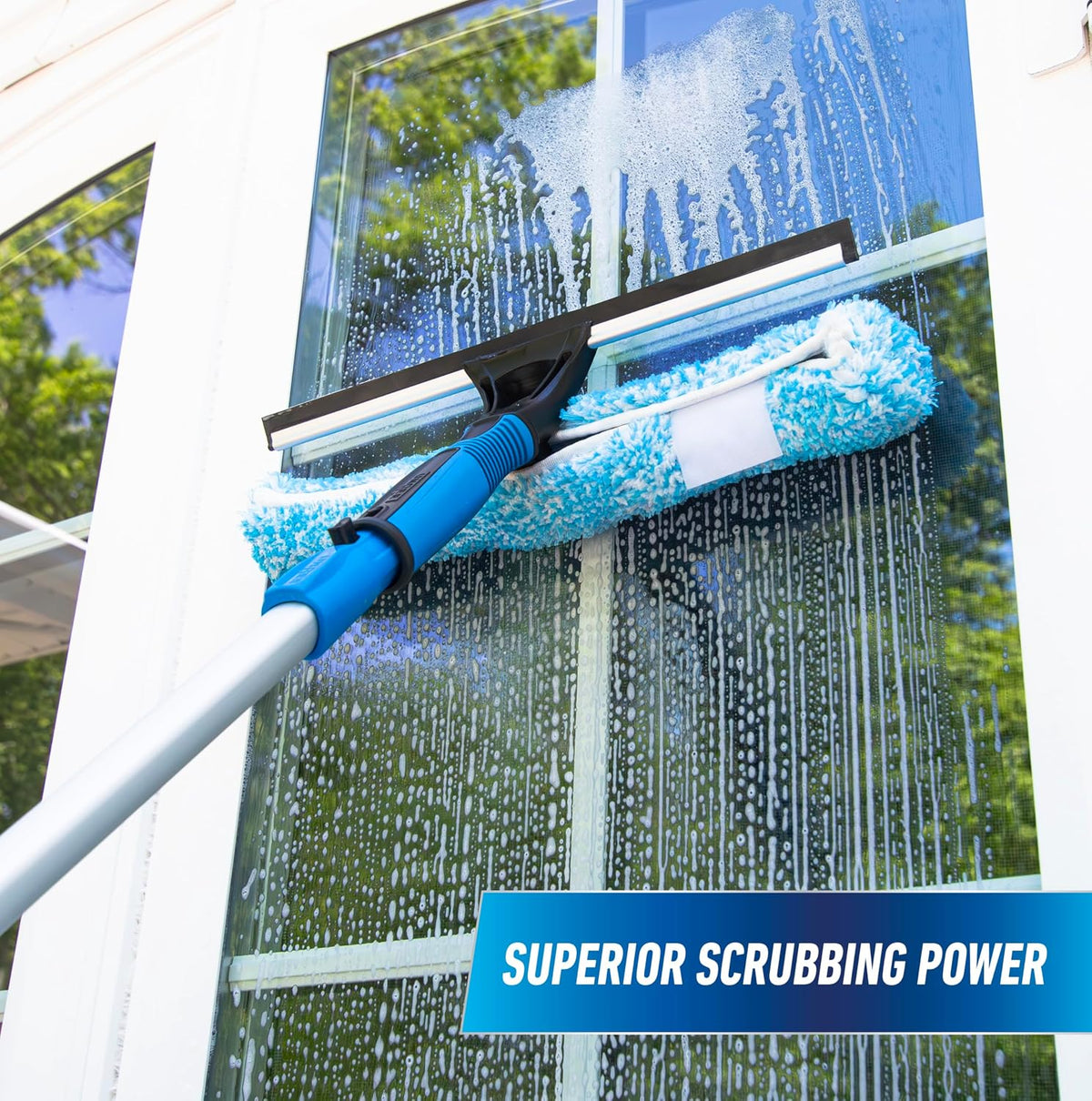 Unger Professional 2-in-1 Squeegee and Scrubber, 14” Window Cleaning Tool and 8’ Connect & Clean Pole, Essential Glass Supplies for Commercial and Residential Use, Microfiber Sleeve