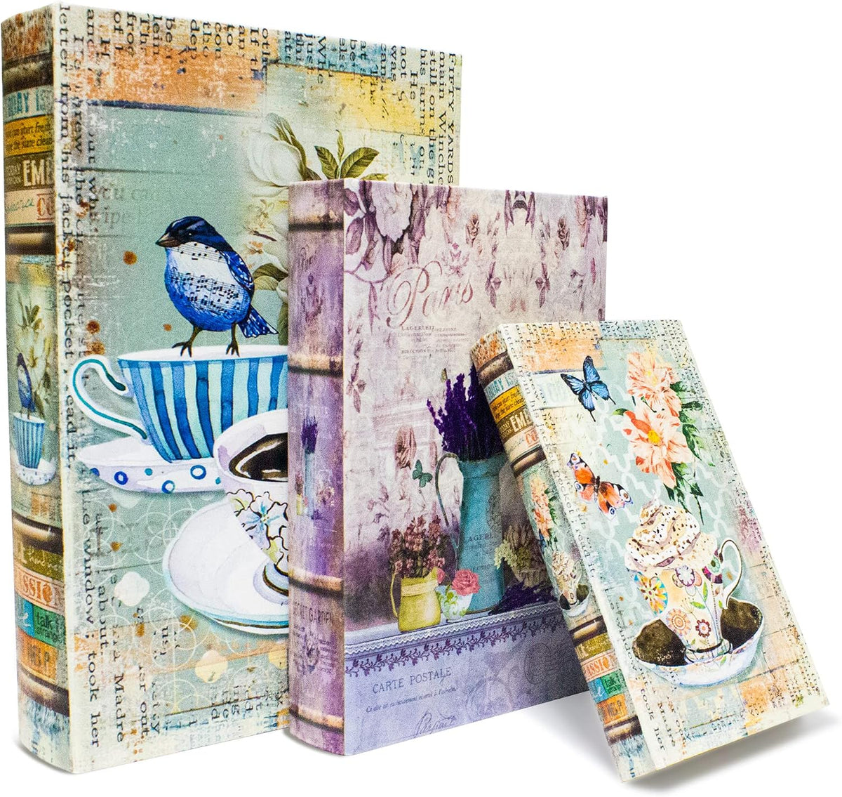 Fake Book Storage Box Decorative Flower Bird Pattern Set of 3