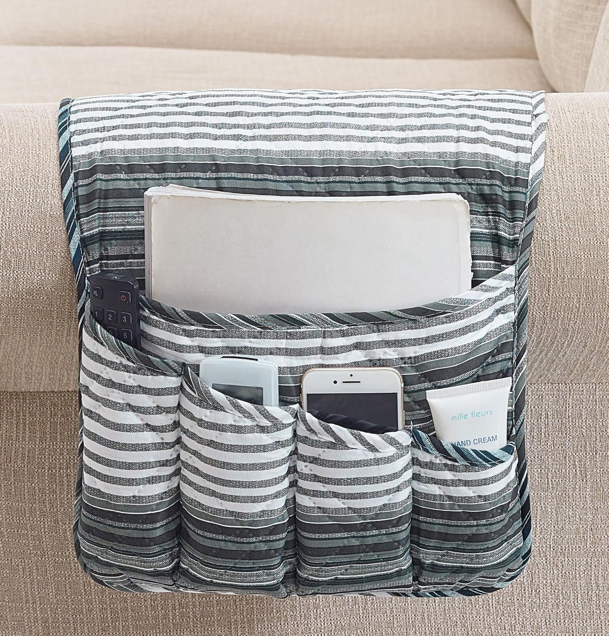 Brilliant Sunshine Multi Grey Stripes Couch Armrest Organizer, 35"×13"