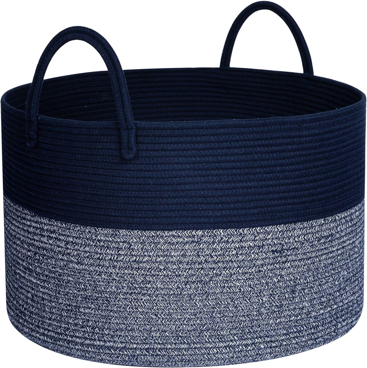 MINTWOOD Design Extra Large 22 x 14in Decorative Woven Cotton Rope Blanket Storage Basket Bin Living Room with Long Handles, Laundry Hamper for Pillows, Pool Towels, Dog Toys, Shoes, Navy Blue