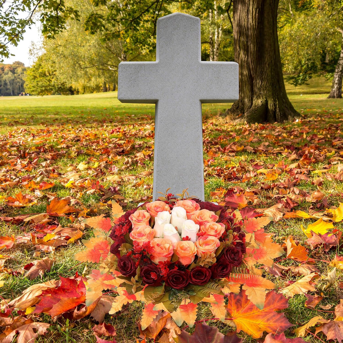 Lodou Artificial Cemetery Flowers,Silk Memorial Cake for Cemetery,Artificial Flower Centrepieces for Tables,Artificial Rose Graveyard Memorial Flowers for Headstones Decoration (Autumn Red)