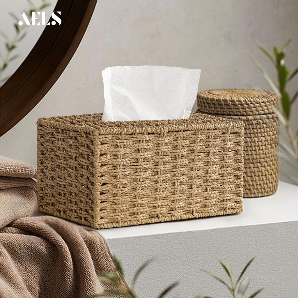 AELS Farmhouse Tissue Box Cover, Hand Woven Strawpaper Facial Tissue Paper Holder, Cute Tissue Box Holder, Boho Bathroom Decor Box w/Elastic Bottom, Tissue Holders for Bathroom Vanity, Natural