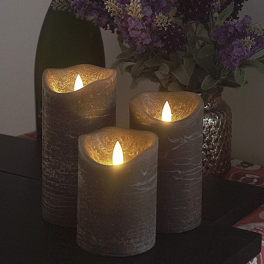 iZAN 3 Pack Real Wax Flameless Pillar Candles, 3”D X 4" 5" 6" H (Grey)