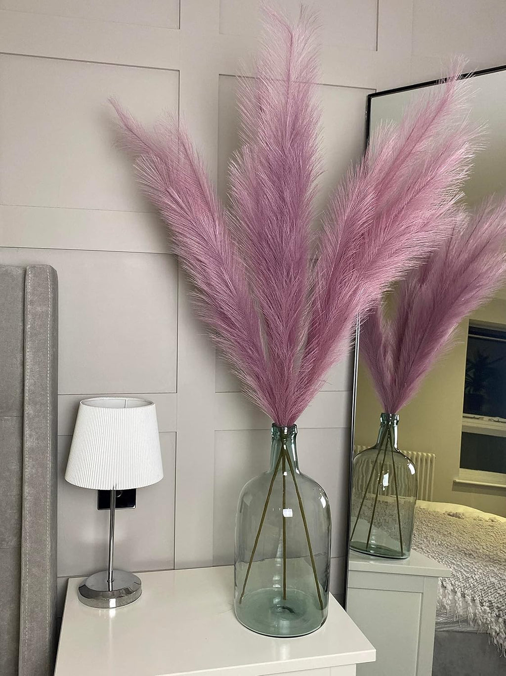 Lilac Purple Fake Artificial Faux Pampas Grass Large Bundle 3 Tall 115cm 45" Extra Fluffy Stems 18 Decorative Branches Artificial Floor Plant Vase Fillers Boho Chic White Home Living Room Decor