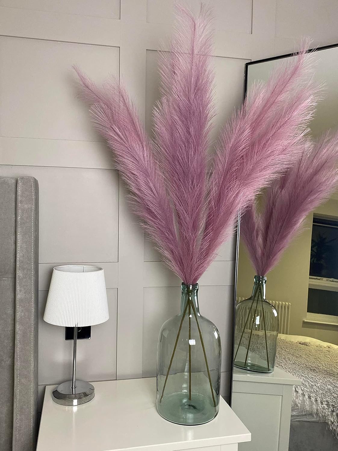 Lilac Purple Fake Artificial Faux Pampas Grass Large Bundle 3 Tall 115cm 45" Extra Fluffy Stems 18 Decorative Branches Artificial Floor Plant Vase Fillers Boho Chic White Home Living Room Decor