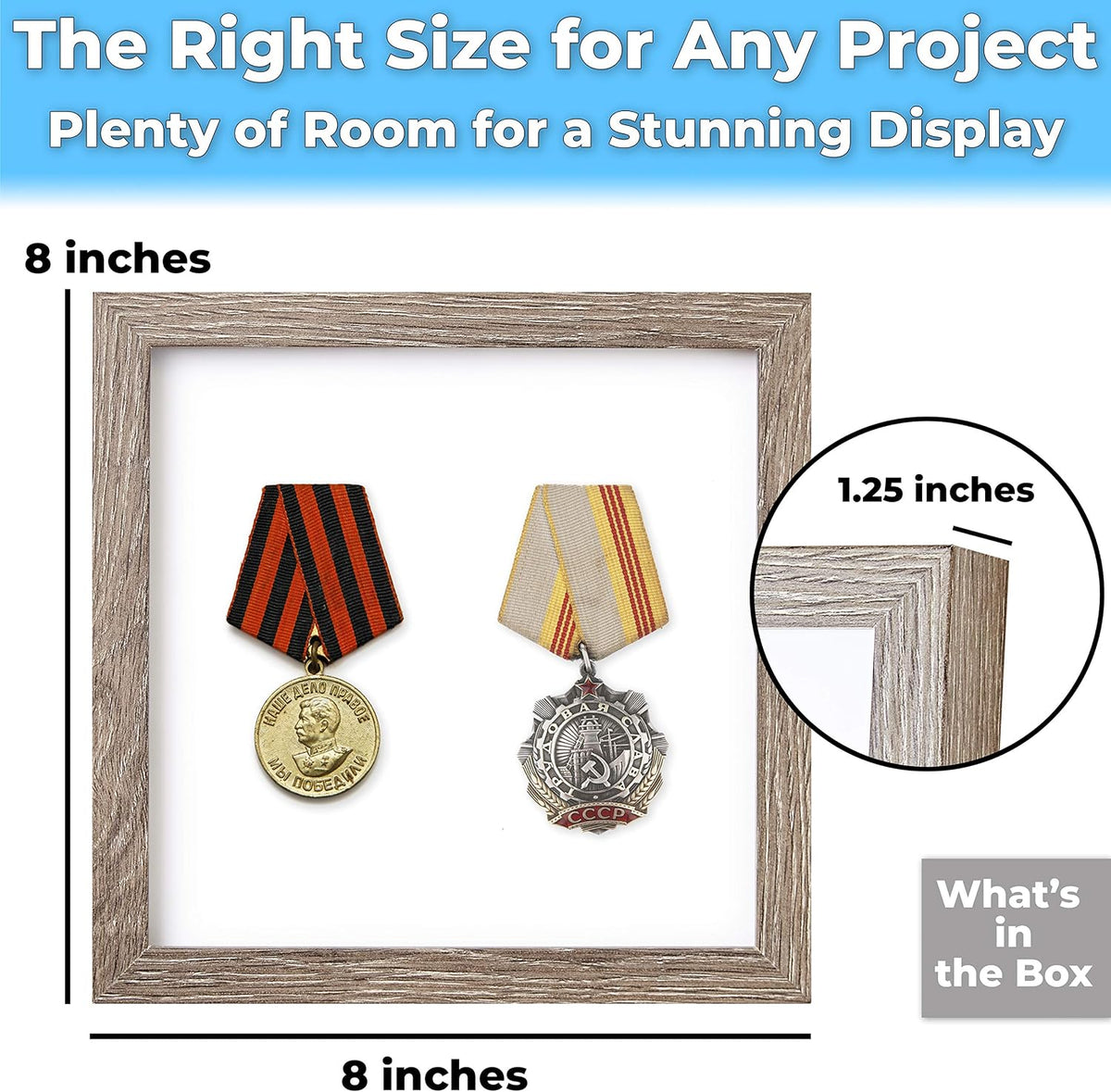 Super-Sturdy, Real Wood 8x8 Grey Shadow Box Frame 1pk. Genuine Hardwood Display with Real Glass. Best Wooden Shadowbox to Showcase Photos, Tickets, Wedding Bouquets, CDs, Medals, Awards and Insects