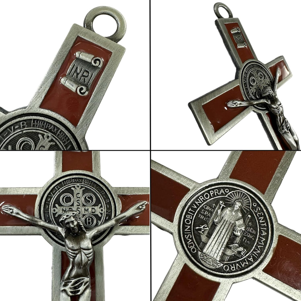BONITTER Antique Silver Crucifix Wall Cross-St. Benedict Metal Wall Art-5.0 InchX2.7 Inch Black White Brown Enamel Give Blessing and The Spiritual Sacred:Faith Gift for your Acquaintances (Brown)