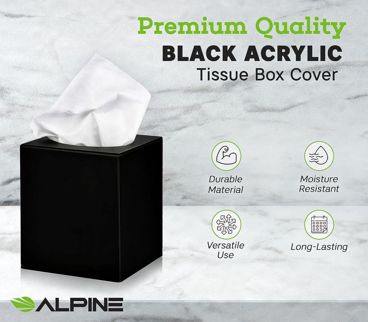 Alpine Industries Black Acrylic Tissue Box Cover - Eco Friendly Dispenser - Decorative Holder/Organizer for Bathroom, Office Desk & Car (Black)