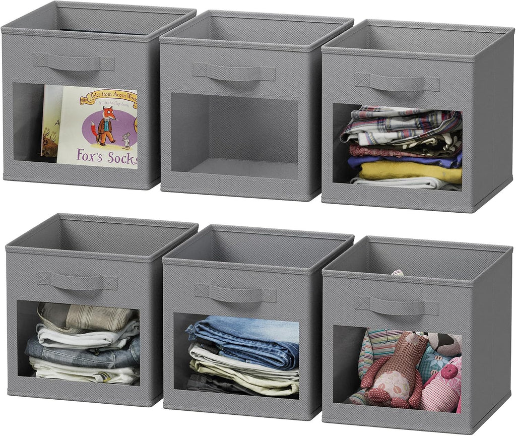 SpaceAid Storage Cubes with Clear Windows, Set of 6 Fabric Bins, 11 Inch Foldable Baskets Boxes for Closet, Cubby Shelf or Cube Storage Organizer, Grey
