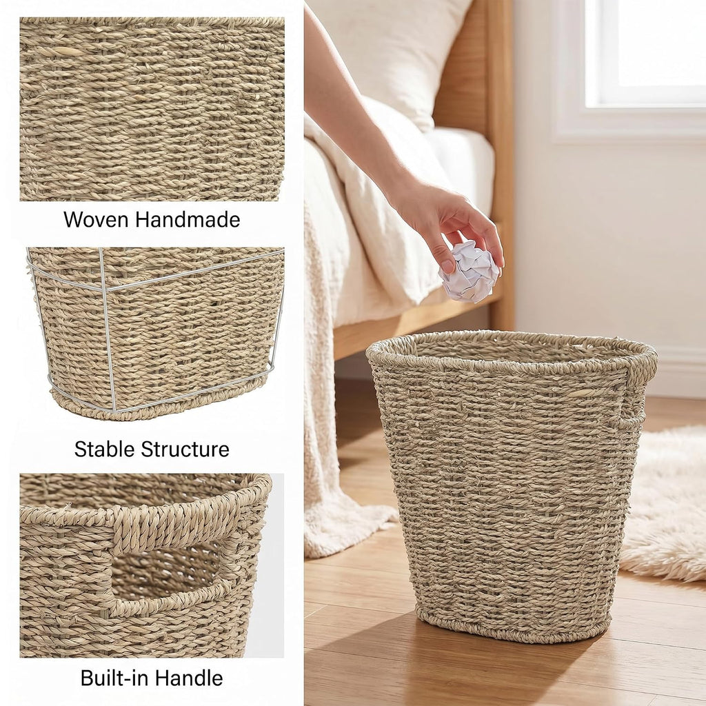 iEGrow 2 Pack Wicker Trash Can, Wicker Waste Basket for Bathroom, Woven Seagrass Wicker Boho Garbage Can Built-in Handles for Bedroom, Office, Decor Home, Kitchen, Living Room (Oval)