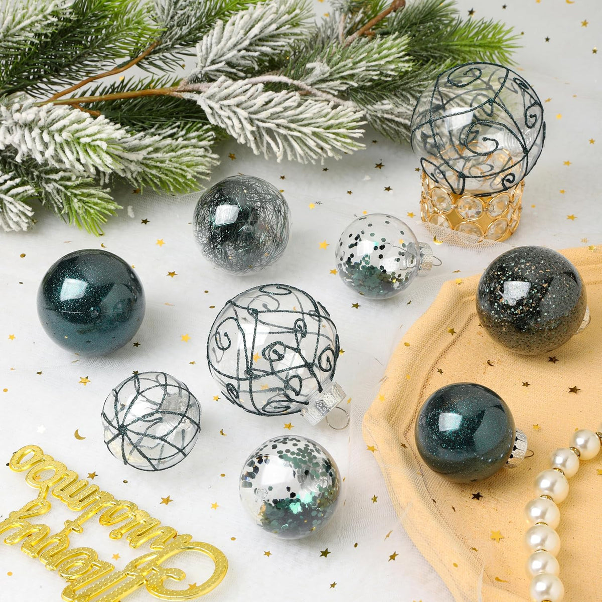 Wironlst Christmas Ball Ornaments Shatterproof Clear Large Plastic Hanging Ball Decorative Baubles Set with Stuffed Delicate Decorations (Multi-Siz, Dark Green)