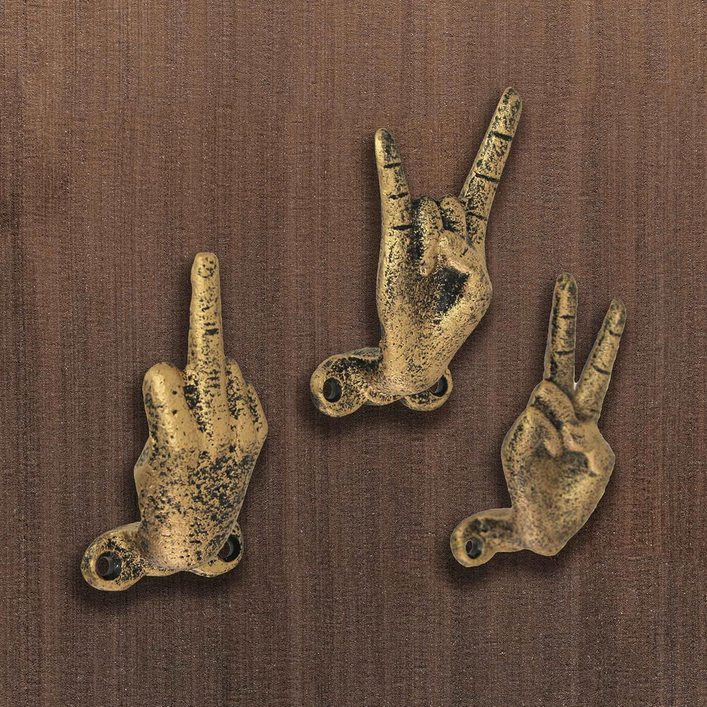 Zeckos Set of 3 Hand Gesture Wall Hooks, Gold Cast Iron Peace Set, 4 Inch