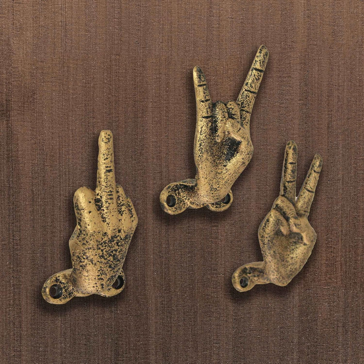 Zeckos Set of 3 Hand Gesture Wall Hooks, Gold Cast Iron Peace Set, 4 Inch