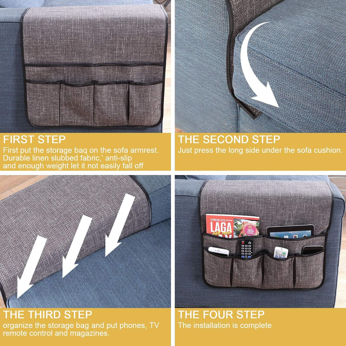 Sofa Armrest Organizer Non-Slip Remote Control Holders for Recliner Couch Chair Armchair Caddy with 5 Pockets for Table,Cell Phone,Ipad,Magazines,Books (Darkgrey, 19 x 35 Inch)