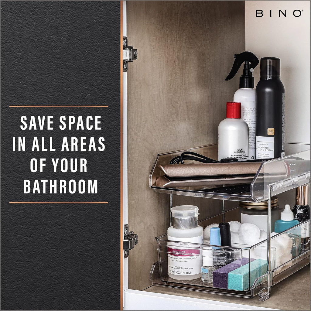BINO 2 Tier Clear Storage Organizer with Dividers | Bottom Slide Out Drawer for Under Sink, Medicine Cabinet | Bathroom Closet, Vanity, Pantry Organizer | Under Cabinet Storage for Bathroom & Kitchen