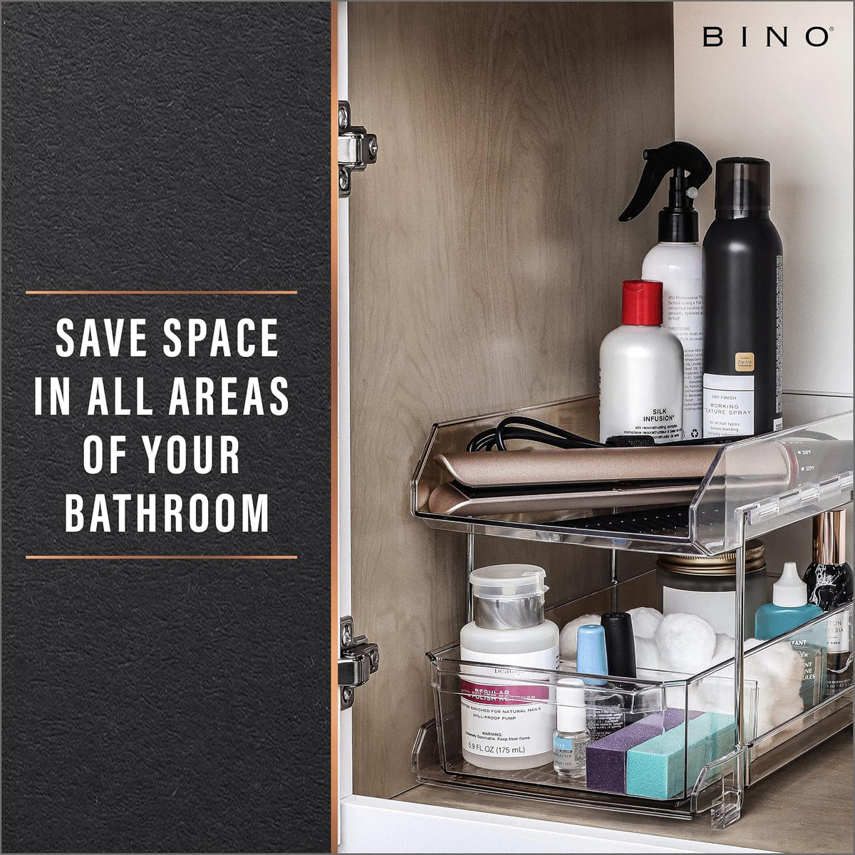 BINO 2 Tier Clear Storage Organizer with Dividers | Bottom Slide Out Drawer for Under Sink, Medicine Cabinet | Bathroom Closet, Vanity, Pantry Organizer | Under Cabinet Storage for Bathroom & Kitchen