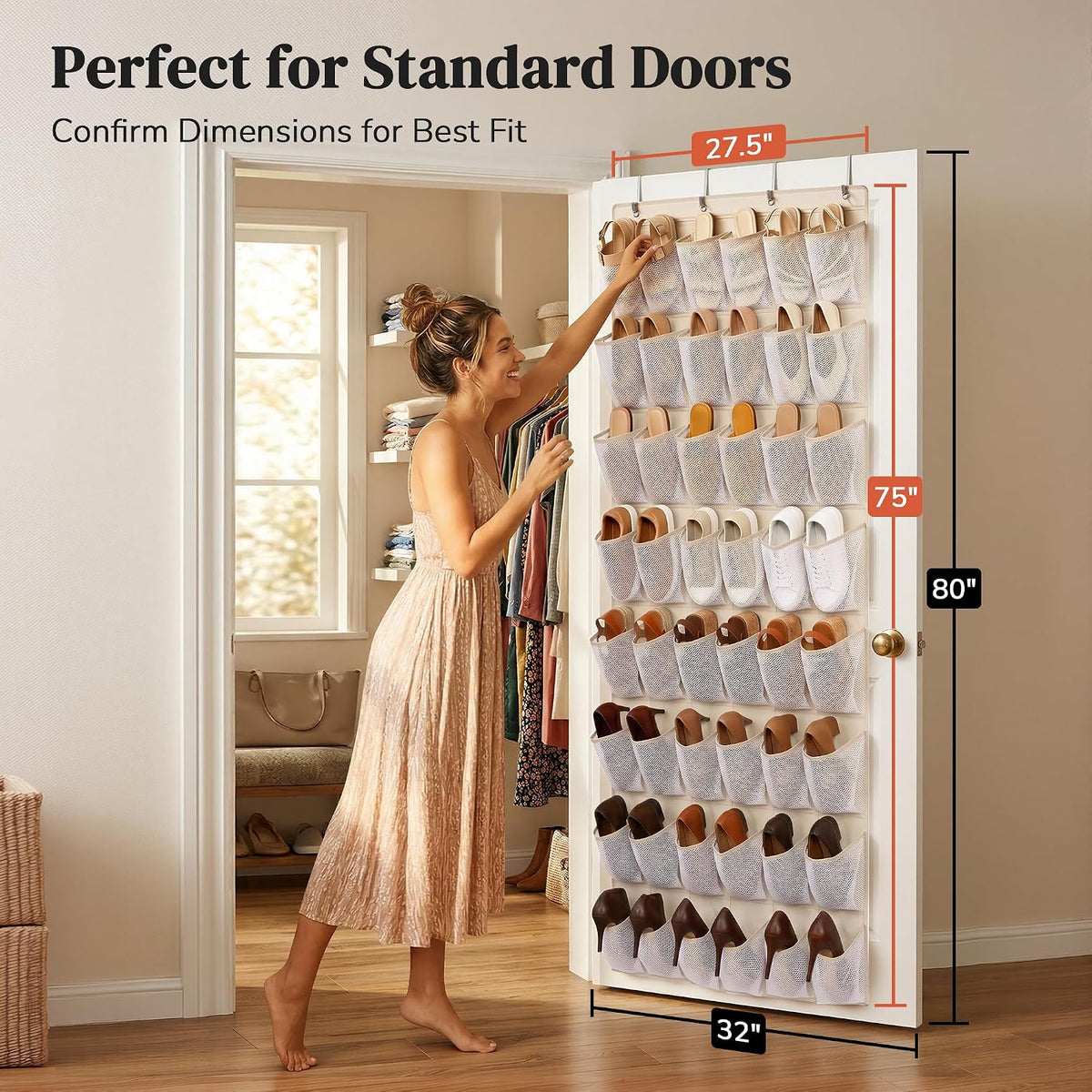 48 Pockets Over the Door Shoe Organizer, Fits Women's Shoes Up to US Size 9, 6-Column Heavy Duty Shoe Storage for Sneakers & Heels, Mesh Hanging Rack for Entryway, Bedroom & Dorm, Beige