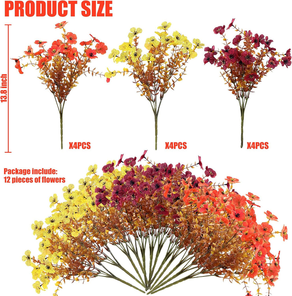 Sggvecsy Artificial Flowers for Outdoors 12 Bundles Realistic Faux Plants Fake Silk UV Resistant Flower for Boxwood Planter Patio Porch Outside Decoration(Orange Yellow Burgundy)
